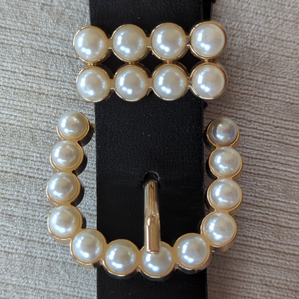 Faux Leather Belt with Elegant Pearl Gold Tone Buckle LARGE Black White Gold - Picture 10 of 16
